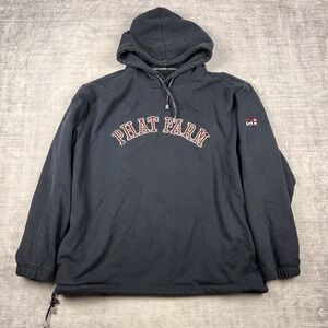 Phat Farm Sweater Mens XL Blue Vintage Y2K Spell Out Hoodie Hip Hop Drawstring